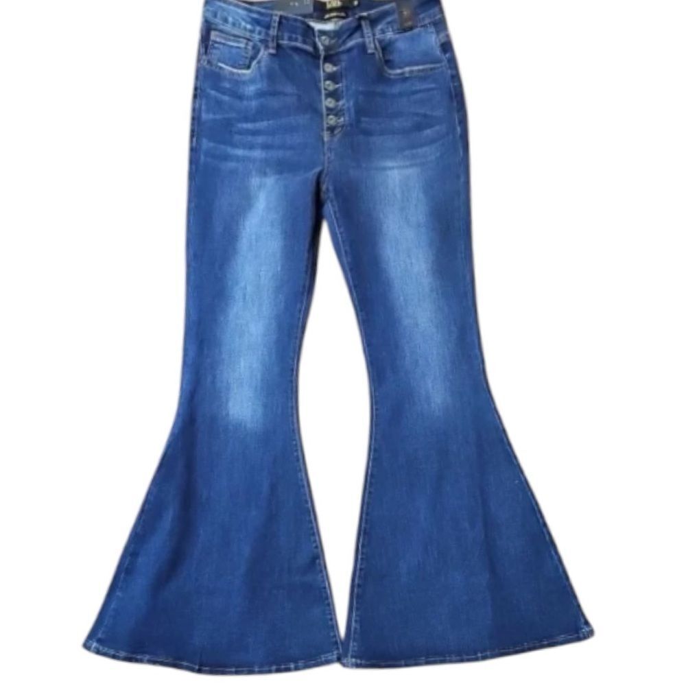 High Rise Button Fly Flare Jeans | Stretch Boutique Denim | Mid Wash | L&B | NWT